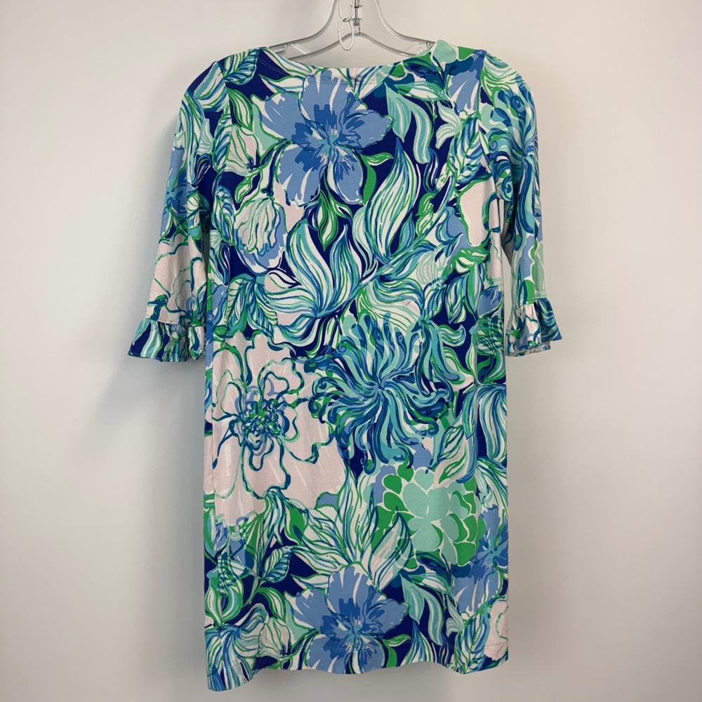 Lilly Pulitzer XL 12-14 Floral Ruffle Sleeve Shift Dress Blue Green Pink Jersey - Picture 12 of 12